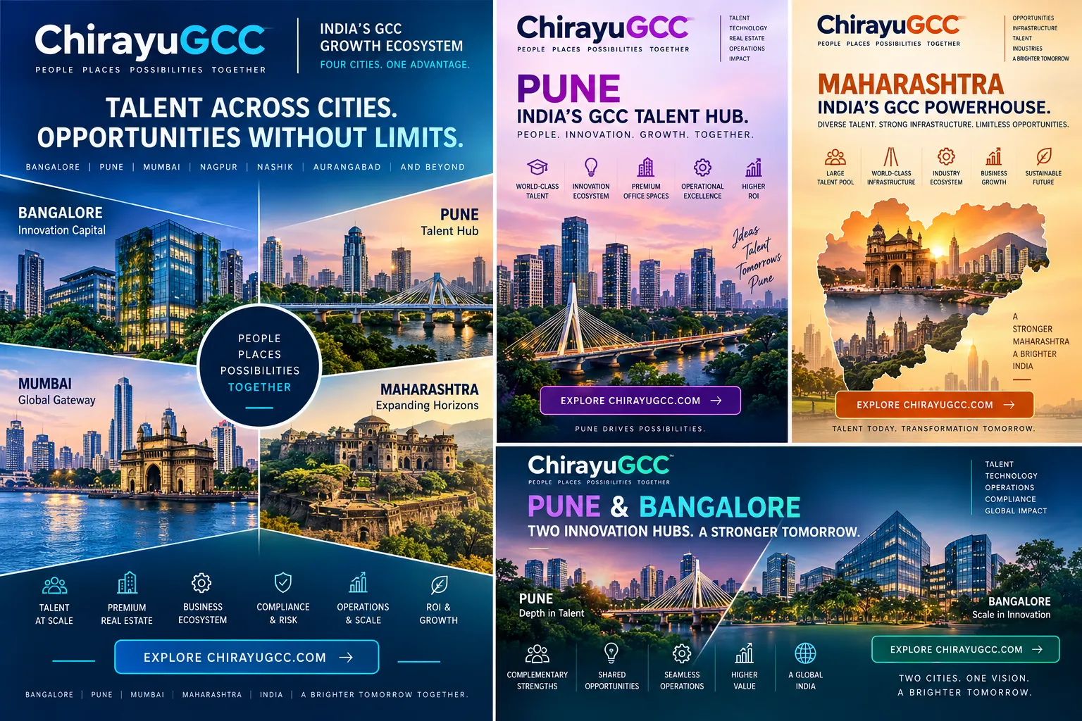 ChirayuGCC India GCC growth ecosystem showing Bangalore as innovation capital, Pune as talent hub, Mumbai as global gateway and Maharashtra as an expanding Global Capability Centre region