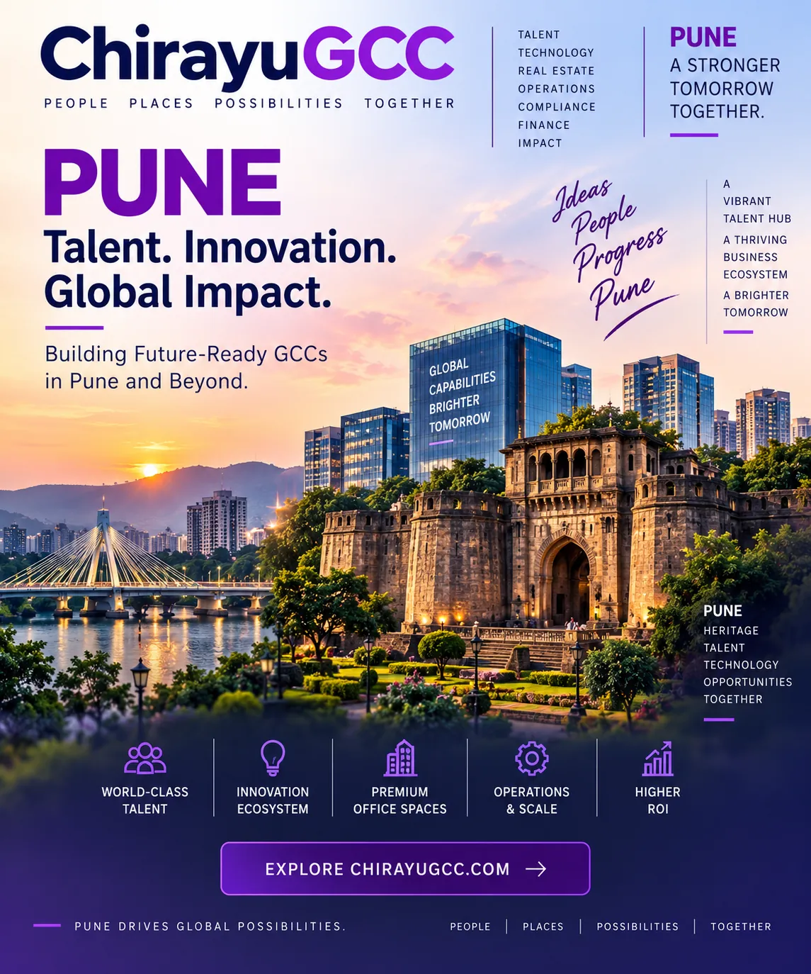 ChirayuGCC Pune, talent, innovation and global impact, building future ready Global Capability Centres in Pune, India, with world class talent, innovation ecosystem, premium office spaces, operations at scale and higher return on investment