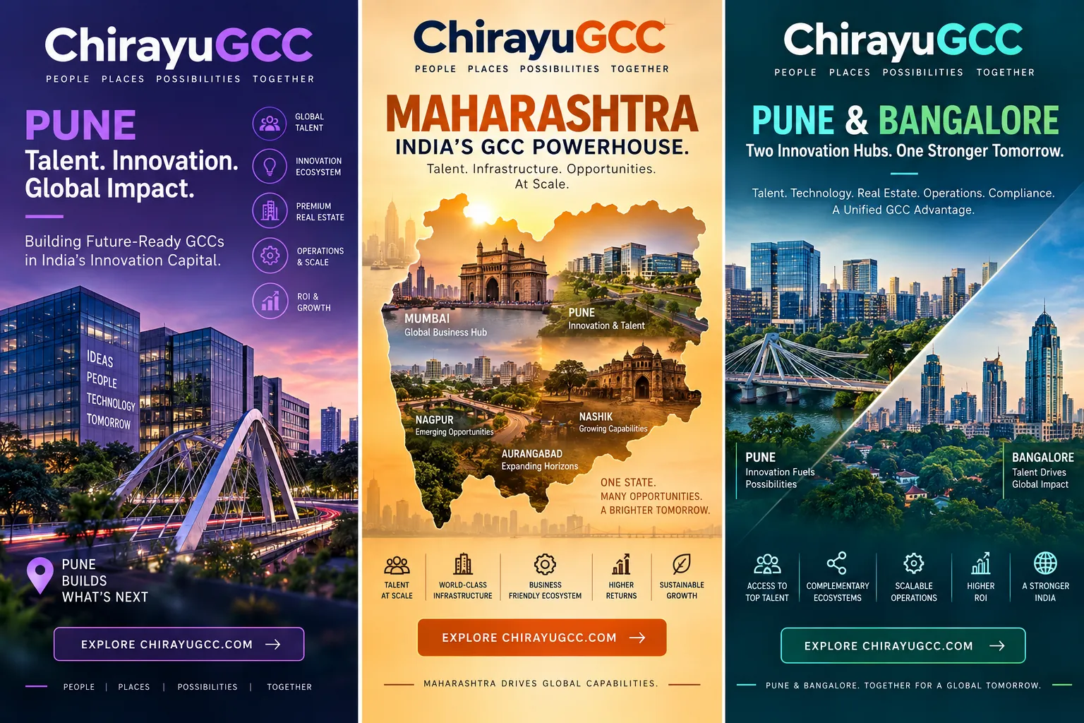 Industries and verticals across Pune, Maharashtra and Bangalore, Karnataka ChirayuGCC industry and vertical coverage across Pune, Maharashtra and Bangalore, Karnataka, showing talent, world class infrastructure, business friendly ecosystem, higher returns and sustainable growth for Global Capability Centres